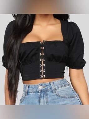 Fashion Nova Black Puff Sleeve Corset Top - Hook & Eye Front - XS